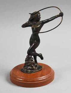 Vintage Diana the Huntress in Bronze: Here is a really cool sculpture that appears to be bronze. Piece looks to be the artists interpretation of Juan Fernando Olaguibel's Diana the Huntress. She is attached to a solid wood base with no