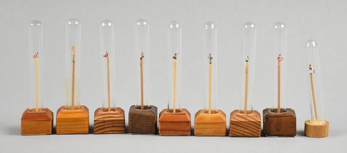 Vintage Micro Art Carving Mexican Dancers & Mariachi: These are so fun! These Micro Art carvings appear to all be Mexican dancers and mariachi band members. Each of these figures appear to be on toothpicks. They are displayed in glass test tubes in a