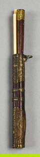19th Century Chinese Traveling Knife & Chopstick Trousse: Fantastic Chinese traveling trousse from the 19th century. The case is wood that appears rosewood with applied ornate brass and ring for hanging. Knife handle appears to be the same wood with brass