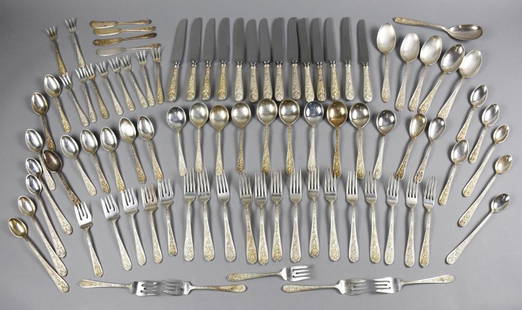 1935-91 Kirk Stieff Corsage Sterling Flatware Service-89 Pcs: Gorgeous vintage Kirk Stieff sterling flatware set with case. The Corsage pattern was introduced in 1935. Each piece has lovely floral repousse with leaves. Set includes 14 each: hollowware knives and