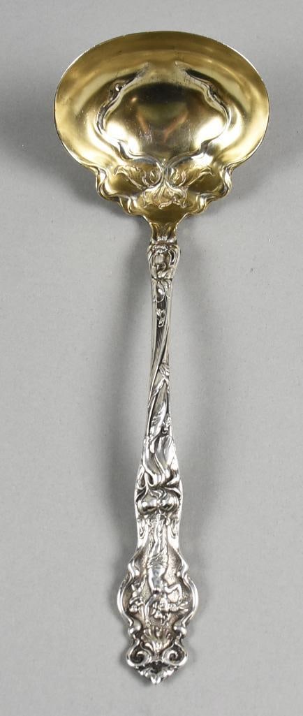 1902 Sterling R. Wallace & Sons Irian Oyster Ladle, Lady Nude: R. Wallace & Sons Victorian Sterling Silver Ladle – “Irian” Pattern, 1902 This beautifully detailed sterling silver ladle was produced by R. Wallace & Sons in their highly collectible “Iri