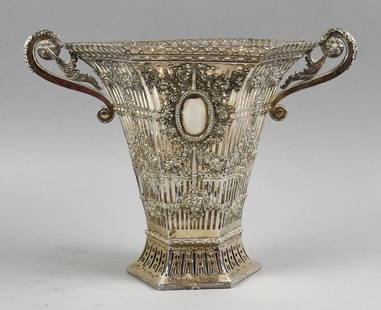 c1900 Hanau Ferdinand Henzler 800 Silver Lined Vase: This is spectacular! This Victorian German vase is 800 silver with a clear glass hexagon liner. It is openwork with floral swags, a wreath on each side with center medallion for a monogram. Each S han