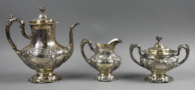 c1910 Reed & Barton Francis I Sterling Coffee Set: This spectacular set comes to you from Reed and Barton. This coffee set is in the Francis I pattern, introduced in 1907, currently discontinued. The ornate details of scrolls flowers and banners, the