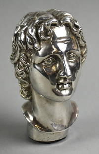 Vintage Alexander the Great 925   Bust Ornament: Really cool bust ornament that appears to be Alexander the Great. He is made in .925 sterling with hard plastic pads on the base. He has marks in this hairline, appears to be of Greek origin. Stands a
