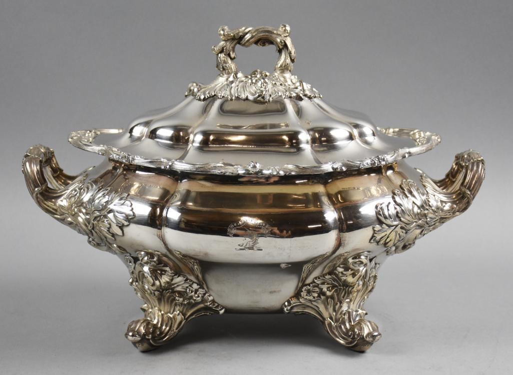 Victorian Sheffield Plate Soup Tureen with Lid: Absolutely gorgeous Victorian soup tureen. Sheffield plate with acanthus leaf and vine twist handle, acanthus leaf and shell around rim and heavier leaves around four feet. Front is engraved in a ribb