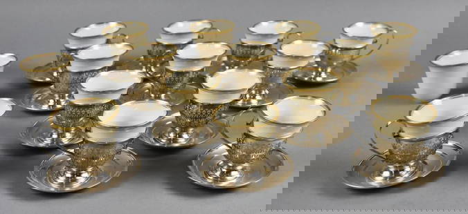 Vintage Manchester Sterling Cups, Lenox Porcelain Liners: This is a terrific lot of sterling pierced cups with porcelain liners. The liners are Lenox porcelain with elegant gold trim. The cups are pierced with flower petal pattern and each comes with a sauce