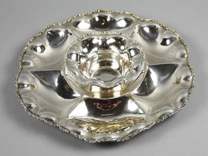 c1960 Emma Pasaje Alameda Mexican 950 Silver Chip Set: This stunning set is from Mexican silversmith Emma Pasaje Alameda. It is 950 silver divided round tray with ornate ruffle rim and a matching dip bowl. Well marked on bottom. Bowl measures approx.?6" a