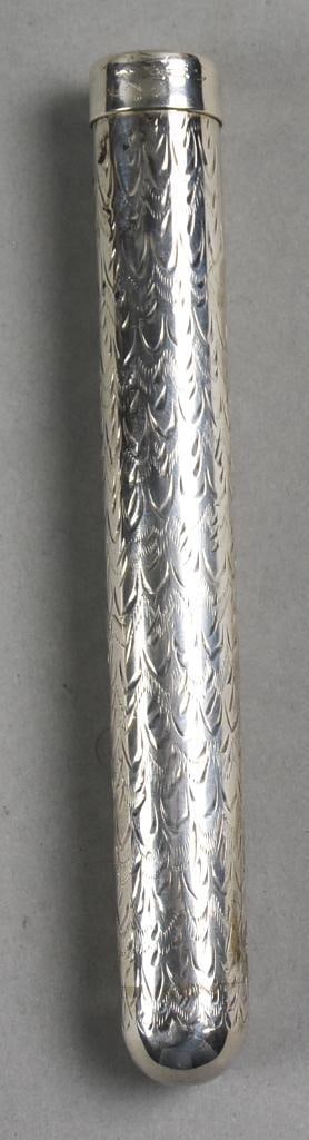 20th Century TuTun Sterling Tube Cigar Holder: Very cool 20th century sterling cigar tube. Appears hand engraved with abstract lines. Will hold one cigar, marked inside lid and measures approx. 7" long with an approx weight of 62g.