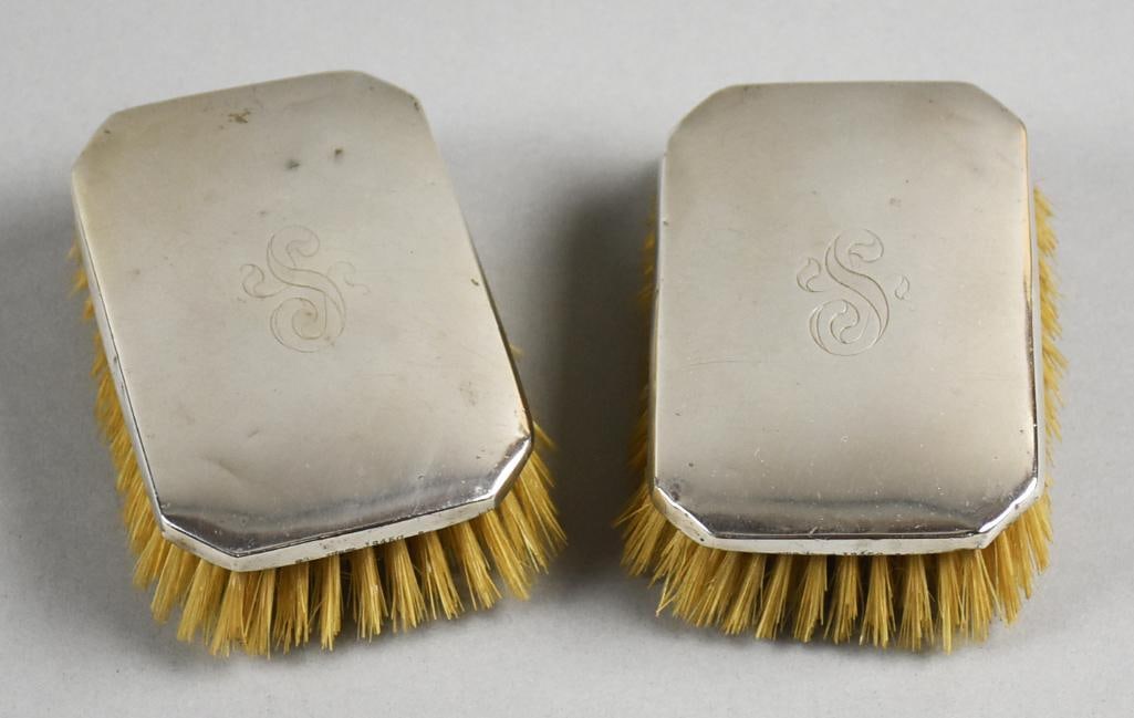 1911 Gorham Sterling Silver Clothing Brushes, Monogrammed: Beautiful pair of antique Victorian sterling clothing brushes. Both are Gorham Manufacturing Co. Each is simple and elegant design, monogrammed S. They are well marked on edges with the date mark of a
