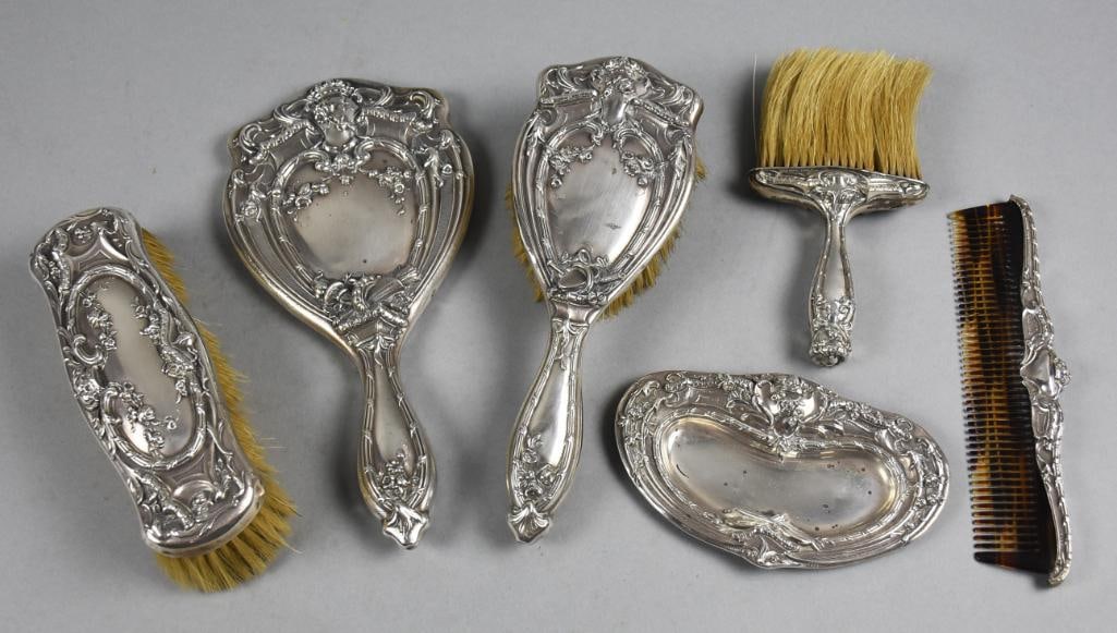 Art Nouveau Six Piece Sterling Silver Vanity Set (1 of 12)