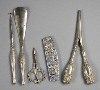 Vintage/Antique Sterling and Silver Plate Ladies Accessories: This is a wonderful assortment of ladies accessories. Lot has some pretty pieces that include a Hans Jensen silverplate comb sleeve with what appears to be a bakelite comb. The rest are sterling with