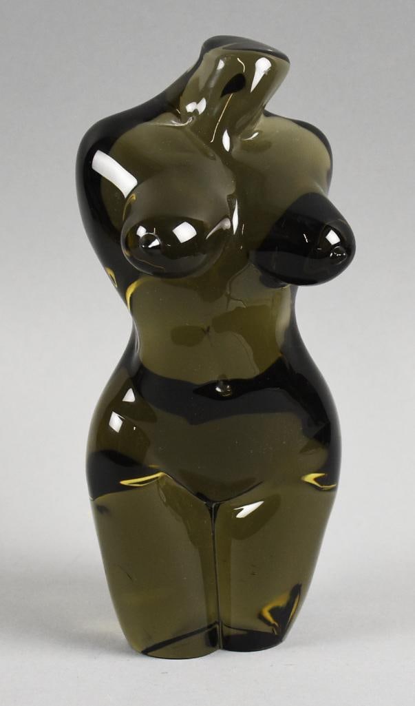 2008 Signed Murano Glass Female Form Sculpture: Beautiful sculpture of a nude female form. Smokey topaz glass is Murano, dated 2008 with an illegible artist signature. Measures approx. 9.5" tall x 4" x 4".