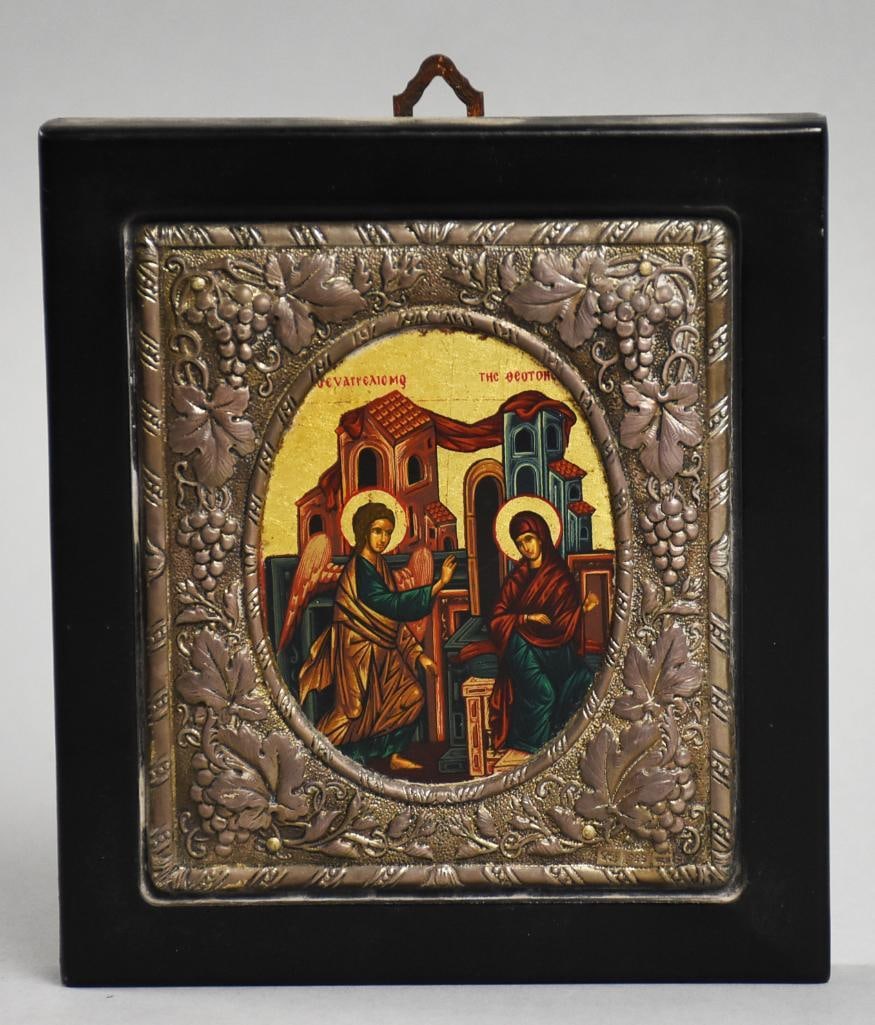Byzantine Sterling Replica Icon Annunciation of Mary, Canvas: Clarté Greek Byzantine Icon – The Annunciation, 925 Sterling Silver Frame This striking icon depicts The Annunciation, where the Archangel Gabriel greets the Virgin Mary, rendered in traditional By