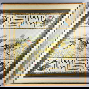 Gucci Duck Harness Silk Scarf, Framed: Framed Gucci Silk Scarf – Ducks & Feathers Motif This stunning framed Gucci silk scarf features a dynamic wildlife and sporting theme, centered around three vividly illustrated ducks in mid-flight a