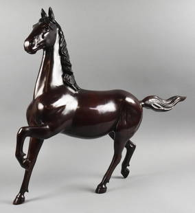 Vintage Japanese Bronzed Horse Sculpture - Signed: This great looking horse is from Japan. Metal appears bronze or cast iron with bronze finish. There is a lightly impressed mark that appears to be an artist signature or shop mark. Measures approx. 25