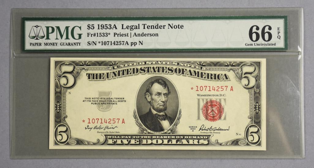 1953A $5 Red Seal Legal Tender Star Note PMG 66 GU (1 of 2)