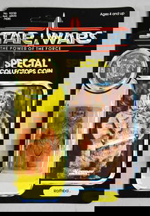 1984 Kenner Star Wars Romba Power of Force 92A Back MOC-NOS: This 1984 Kenner Star Wars Romba action figure with collector coin is a 92A back variant, expertly preserved in its original unopened packaging (NOS). A gem from the largest toy collection on the West