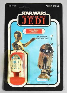 1983 Kenner Star Wars Artoo Detoo ROTJ 65A Back Unpunched-NOS: Lot is a 1983 Kenner Star Wars Artoo Detoo (R2-D2) Return Of The Jedi 65A Back Unpunched NOS. Single owner collection from the largest toy collector on the West Coast. Artoo-Detoo (R2-D2)R2-D2 is an a