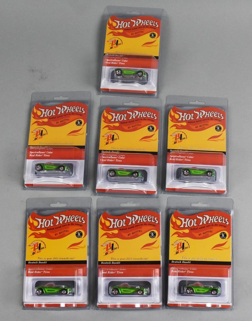 (7) 2013 Hot Wheels Beatnik Bandit Spectraflame-NOS: Lot is seven 2013 Mattel Hot Wheels Beatnik Bandit-Spectraflame, Real Rider Tires-NOS. All limited edition. Single owner collection from the largest toy collector on the West Coast.