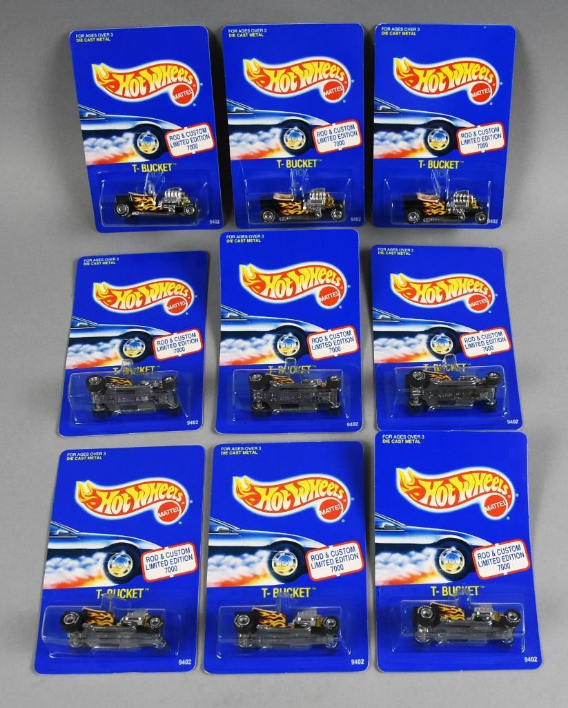 (9) 1993 Hot Wheels T-Bucket Unpunched-MOC-NOS: Lot is nine 1993 Mattel Hot Wheels T-Bucket-Unpunched-MOC-NOS. Single owner collection from the largest toy collector on the West Coast.