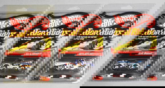 (3) 2000s l Hot Wheels Ltd Ed Real Riders-MOC-NOS: Lot is three 2000s Mattel Hot Wheels Ltd Ed Real Riders-MOC-NOS. Includes Evil Weevil 3252/11,000, Boss Hoss 1045/6500 and Baja Bruiser 5829/10,000. Single owner collection from the largest toy collec