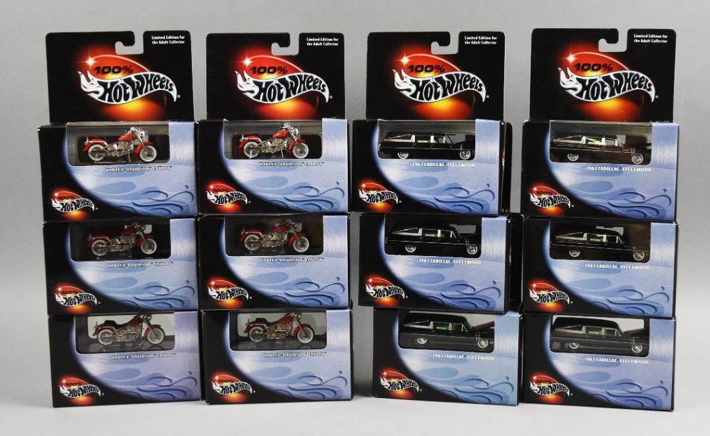 2000s Hot Wheels Die-Cast Factory Case-MOC-NOS: Lot is a 2000s Mattel Hot Wheels Die-Cast Factory Case-MOC-NOS. Includes Harley Davidson and 1963 Cadillac Fleetwood. Six of each. Case may not be original. Single owner collection from the largest to