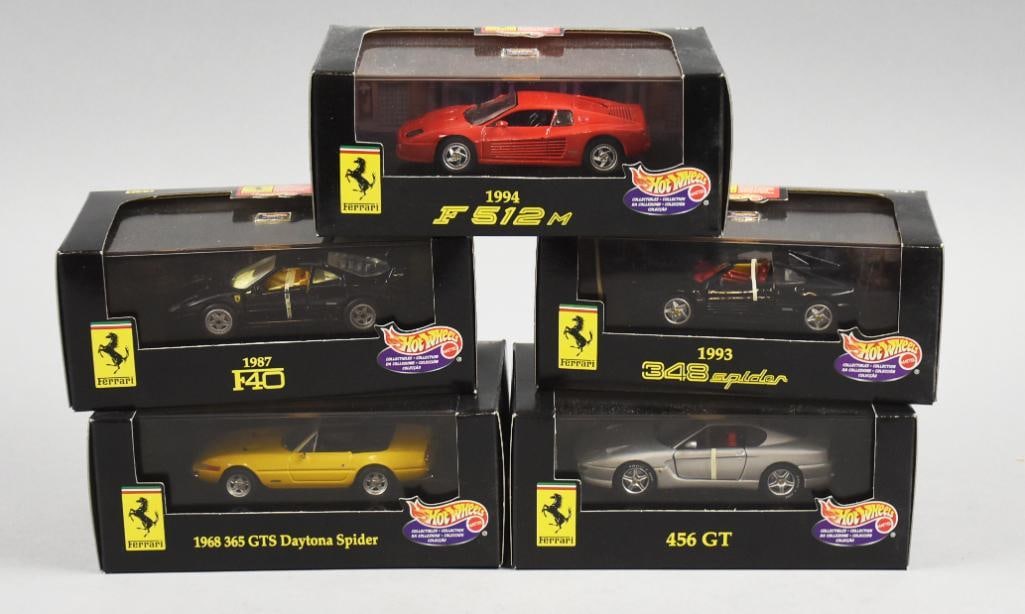 (5) 1998 Hot Wheels Ferrar Collection-1:43-MIB-NOS: Lot is five 1998 Mattel Hot Wheels Ferrari Collection-1:43-MIB-NOS. Includes 1994 F512 M, 1993 348 Spider, 1968 365 GTS Daytona Spider, 1987 F40 and 456 GT. Single owner collection from the largest to