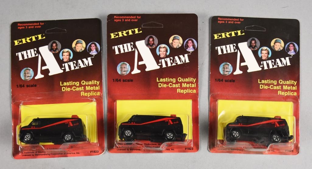 (3) 1983 Ertl The A-Team Die-Cast Cars MOC-NOS: Lot is three 1983 Ertl The A-Team Die-Cast Replica - MOC-NOS. Single owner collection from the largest toy collector on the West Coast.