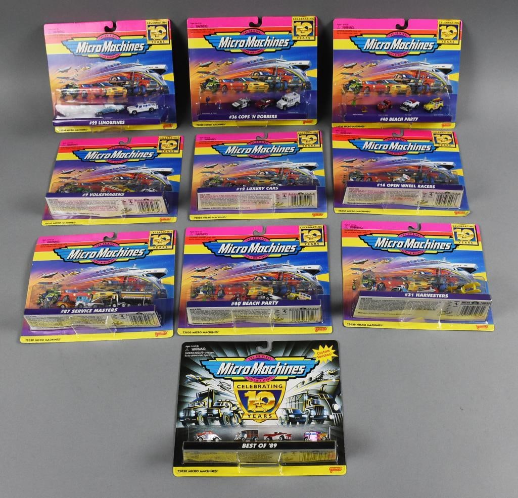 (10) 1996 Galoob Micro Machines 10 Year Anniversary-MOC-NOS: Lot is 10 1996 Galoob Micro Machines 10 Year Anniversary-MOC-NOS. Includes Limousines, Harvesters, Luxury Cars, Service Masters and more. Single owner collection from the largest toy collector on the 