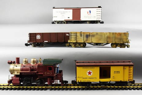 Aristo-Craft and Bachmann Locomotive with Train Cars: Nice assortment of trains to make a set with the Aristo-Craft and Bachmann Locomotive with Train Cars. Includes No. 98 Locomotive with Tender two Boxcars and two Hopper cars. NOTE: TRACK SHOWN IS FOR