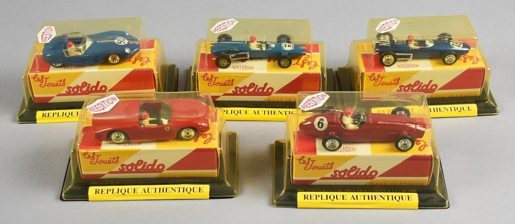 (5) Les Jouets Solido Authentic Replicas Die-Cast-MIP-NOS: Lot is five Les Jouets Solido Authentic Replicas Die-Cast-MIP-NOS. Includes Ferrari, Lemans, Maserati and two Lola Climax. Each is a reissue. Single owner collection from the largest toy collector on 