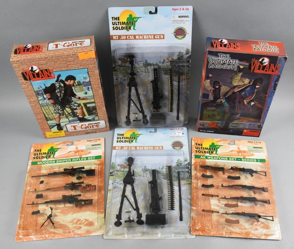 (6) 2000 21st C Toys Ultimate Soldier The Villains-MIP-NOS: Lot is six 2000 21st C Toys Ultimate Soldier/The Villains-MIP-NOS. Includes Villains T-Gore and Ultimate Bad Guy. Ultimate Soldier accessories two M2 .50 Cal Machine Gun and one each Modern Sniper Rif