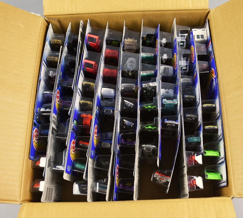 (67) 1990s Mattel Hot Wheels Factory Shipping Case-MOC-NOS: Lot is a 1990s Mattel Hot Wheels Factory Shipping Case-MOC-NOS. Case appears original, not full. Total of 67 cars. Single owner collection from the largest toy collector on the West Coast.