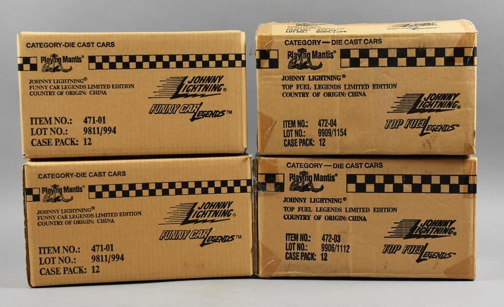 (48) 1999 Johnny Lightning Funny Car Legends Factory Cases-NOS: Lot is a 1999 Johnny Lightning Funny Car Legends Factory Cases-NOS. Includes the outer case with 4 cases inside, one open. 24 Funny Car Top Fuel Legends #1 Total of 48 cars. Single owner collection fr