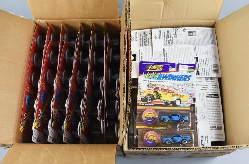 1990s Johnny Lightning Wacky Winners & Commemorative-MOC-NOS: Lot is two cases of 1990s Johnny Lightning Wacky Winners & Commemorative-MOC-NOS. Includes 36 Commemorative and 20 Wacky Winners for a total of 56 cars. Cases appear original. Single owner collection 