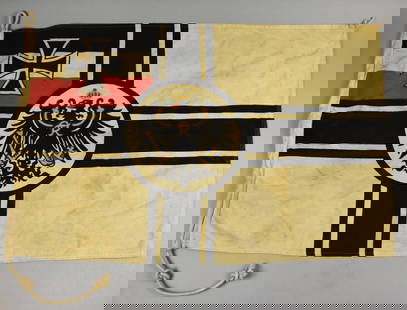 WWI Imperial German Navy Ensign Battle Flag: This great flag is an original WWII. The flag is in the imperial state colors with center cross, the Prussian iron cross in the upper left and German eagle in the center. It appears to be of heavy cot