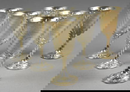Vintage Wallace Silversmiths Sterling Water Goblets: Great set of six sterling water goblets from Wallace Silversmiths. Simple elegant design with flared rim. All approx. 6.5" tall x 3.5" wide, with an overall approx weight of 774 grams, no weighted bas
