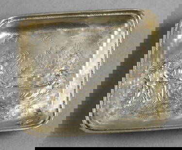 Victorian Sterling Footed Soap Holder, Repousse: Very pretty sterling silver soap dish. Victorian era landscape scene with two people pulling a row boat and one pushing from the water. No visible marks, tested for sterling. Measures approx. 3" x 3"