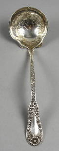 1896 Dominick & Haff Sterling No. 10 Gravy Ladle: Gorgeous Victorian sterling silver ladle from Dominick & Haff. It is known as No. 10 from 1896. It has a multiple flower motif with a monogram of P in Olde English lettering. Well marked on back and m