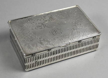 Antique Meriden/Rogers Bros Silver Plate Cedar Lined Box: Very lovely antique silver plate jewelry box, marked both Meriden and Rogers Bros. Lid with acanthus leaf and lattice details, shield in center and monogrammed PFCS. Sides of the box are pieced and in