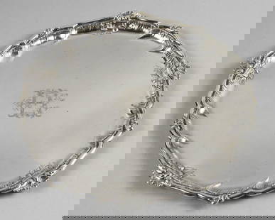 Johann Schumacher 800 Silver Foliate & Shell Tray Germany: Gorgeous tray from Germany in 800 silver. Rims are foliate and shell with a simple center. It is monogrammed in the center CH. Bottom is marked J. Schumacher for Johann of Pforzheim, 800 with crown an