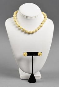 Vintage Krementz Flower Necklace & Earrings-Carved Bone