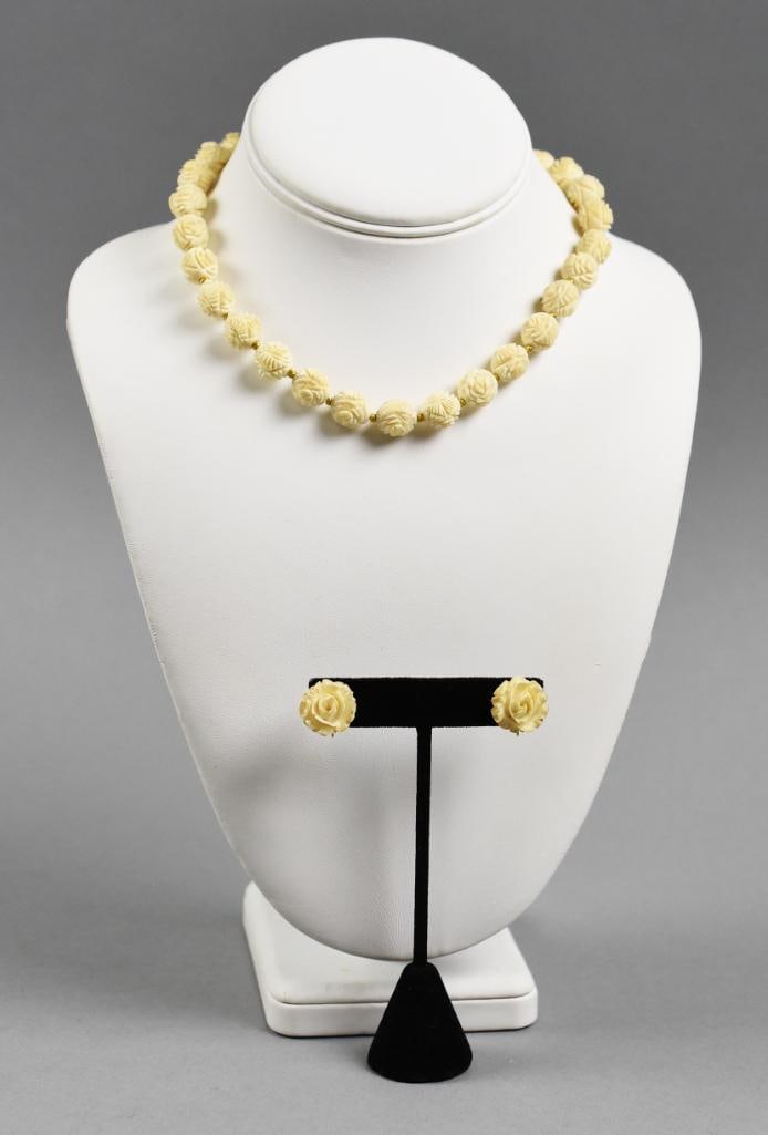 Vintage Krementz Flower Necklace & Earrings-Carved Bone: This is a gorgeous vintage necklace and earring set from Krementz. Beautiful hand carved bone in roses. Necklace is 15" long with hidden locking clasp, screwback earrings stamped on back.