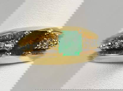 14k Gold Emerald & Diamond Ring: Vintage 14K Yellow Gold, Emerald & Diamond Ring This gorgeous ring is vintage in 14K yellow gold. Center stone is a square cut emerald with two round cut diamonds on each side. All in a double band. I