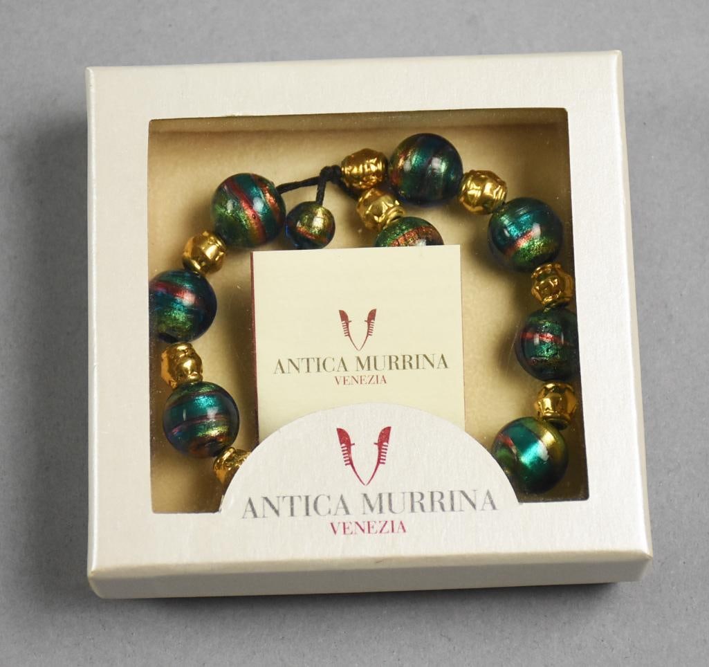 Antica Murrina Venezia Murano Glass Bracelet: Beautiful Antica Murrina Venezia bracelet. Murano glass round beads with multi colors, glass flecks and gold tone bead spacers. Comes int the original box.