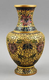 Vintage Chinese Multi Color Enamel Cloisonne Floral Vase: Stunning vintage Chinese vase with floral motif. Wonderful cloisonne of pink and blue flowers on yellow background all in a beaded metal trim that appears bronze. No visible marks and stands approx. 1