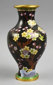 Vintage Chinese Black and Yellow Cloisonne Vase
