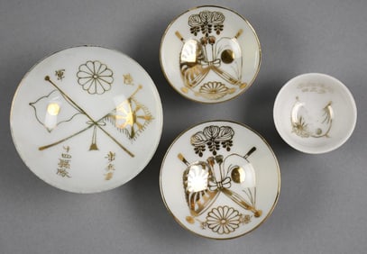 WWII Era Japanese Porcelain Military Gold Painted Sake Cups