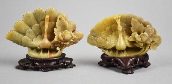 Vintage Chinese Carved Soapstone Peacock Figures