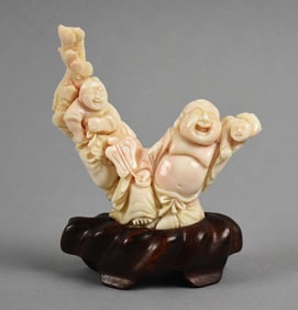 Vintage Chinese Carved Coral Laughing Buddha, Rosewood Stand